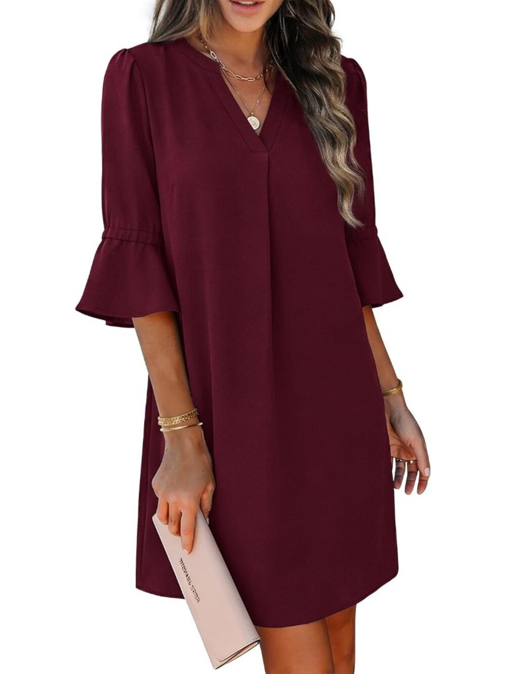 〽️Women's Wine Red Shift Dress V Neck Ruffle Sleeve Summer Dress with Pockets